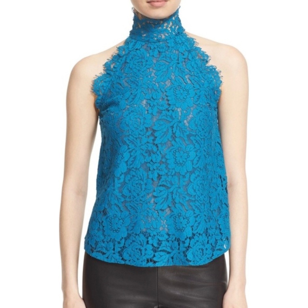Diane von Furstenberg Teal Blue Floral Lace High Neck Halter Top Small DVF